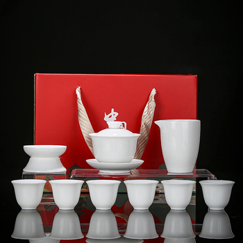 Set de ceai Dehua din porțelan alb, pentru casă – ceramică cu bol cu capac și cești, în cutie cadou