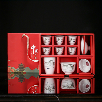 Set de ceai Dehua din porțelan alb, pentru casă – ceramică cu bol cu capac și cești, în cutie cadou