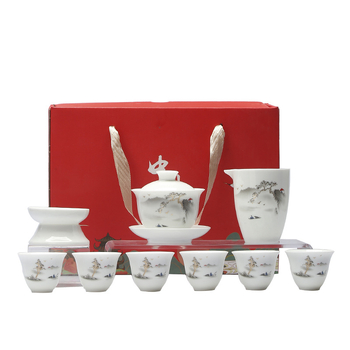 Set de ceai Dehua din porțelan alb, pentru casă – ceramică cu bol cu capac și cești, în cutie cadou