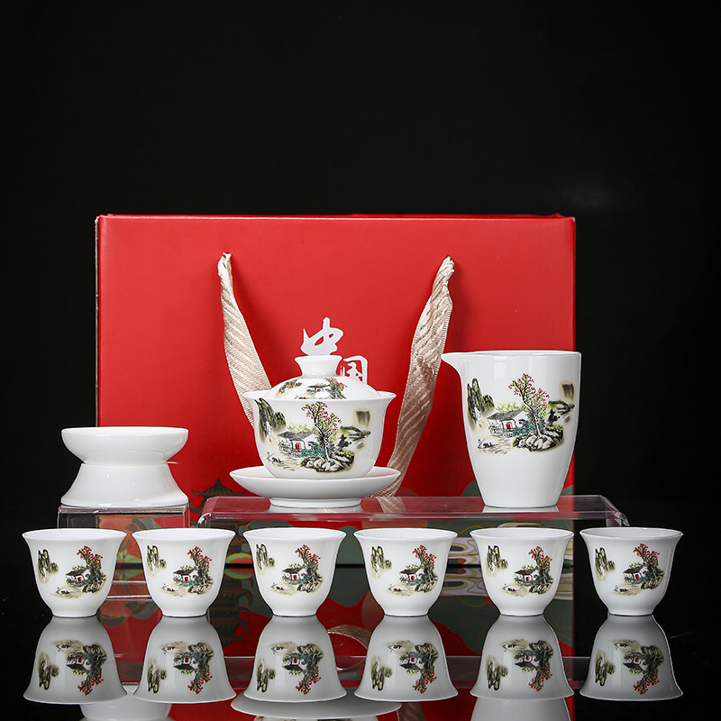 Set de ceai Dehua din porțelan alb, pentru casă – ceramică cu bol cu capac și cești, în cutie cadou