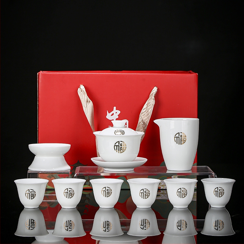 Set de ceai Dehua din porțelan alb, pentru casă – ceramică cu bol cu capac și cești, în cutie cadou