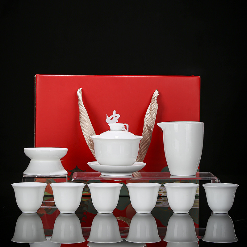 Set de ceai Dehua din porțelan alb, pentru casă – ceramică cu bol cu capac și cești, în cutie cadou