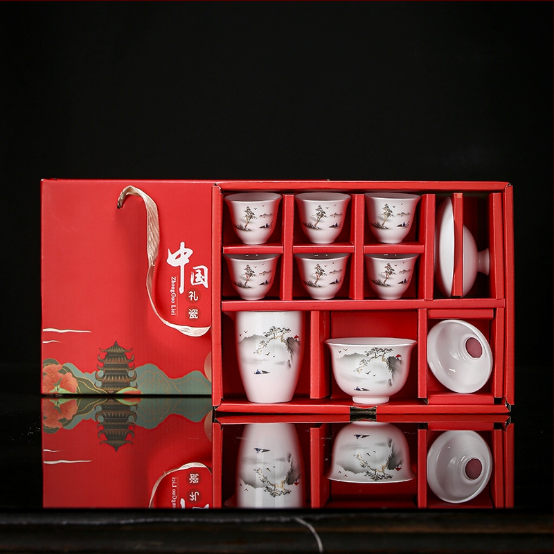 Set de ceai Dehua din porțelan alb, pentru casă – ceramică cu bol cu capac și cești, în cutie cadou