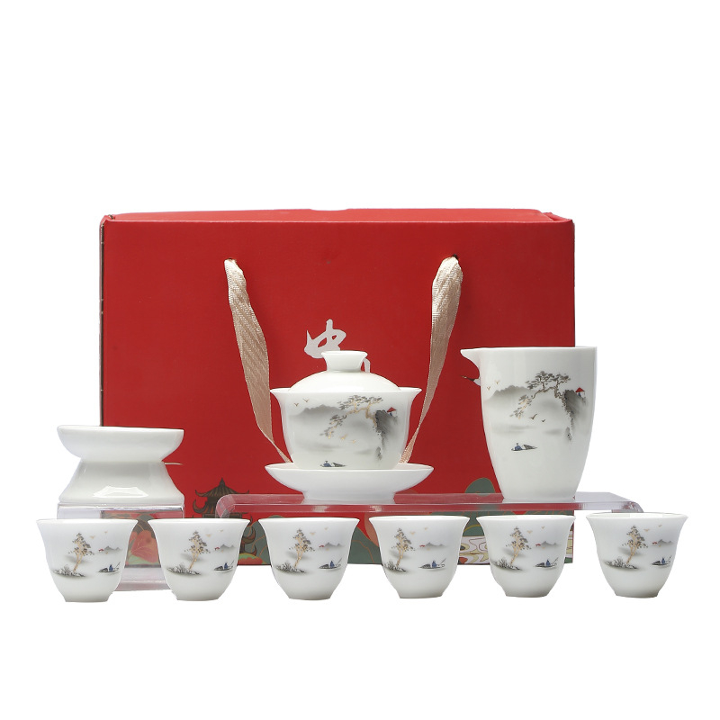 Set de ceai Dehua din porțelan alb, pentru casă – ceramică cu bol cu capac și cești, în cutie cadou