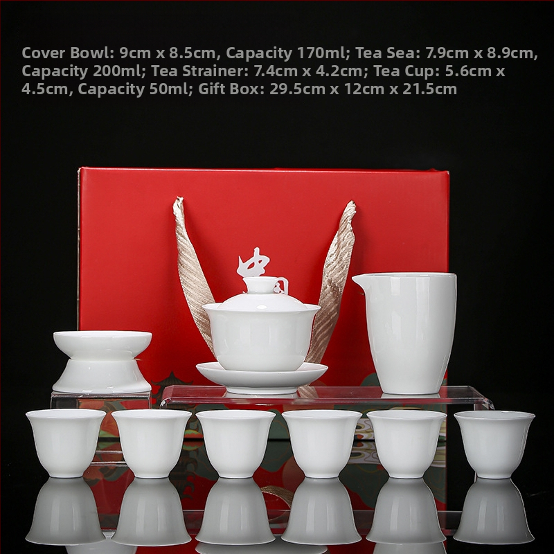 Set de ceai Dehua din porțelan alb, pentru casă – ceramică cu bol cu capac și cești, în cutie cadou