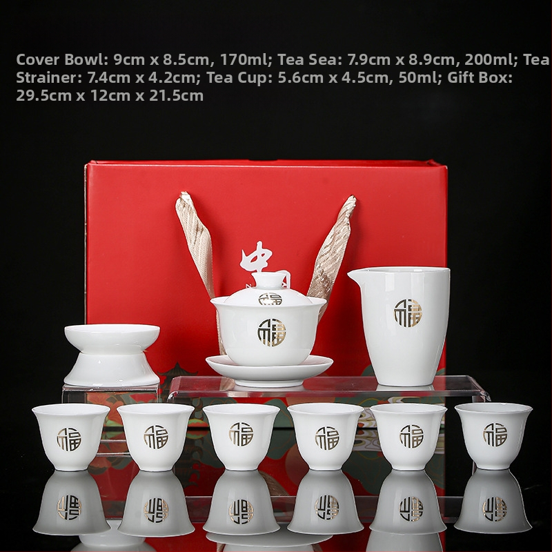 Set de ceai Dehua din porțelan alb, pentru casă – ceramică cu bol cu capac și cești, în cutie cadou