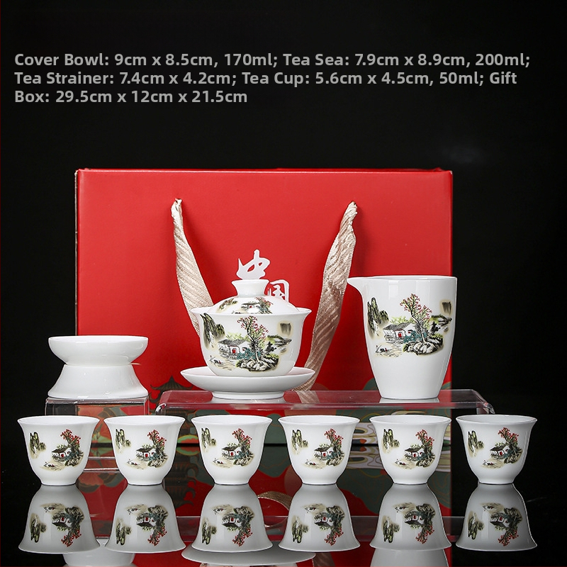 Set de ceai Dehua din porțelan alb, pentru casă – ceramică cu bol cu capac și cești, în cutie cadou