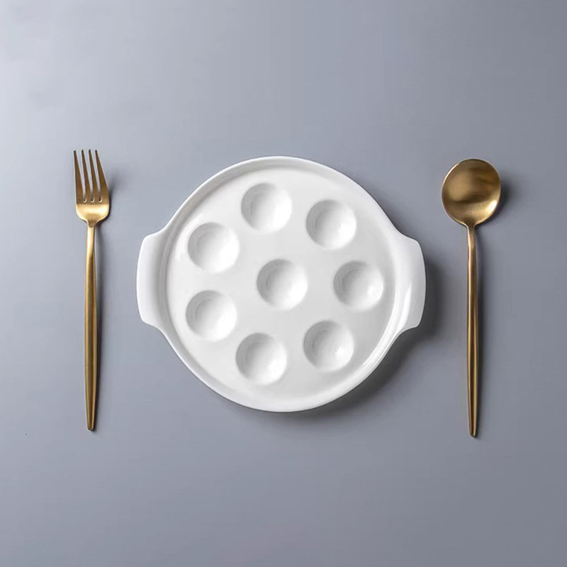 Farfurie ceramică creativă, cu două mâneri, disc – versatilă pentru melci, chiftele, ouă la abur și coacere.