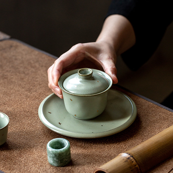 Gaiwan ceramic cu glazură aurie, porțelan Ru, stil retro Gongfu ceai, Sancai