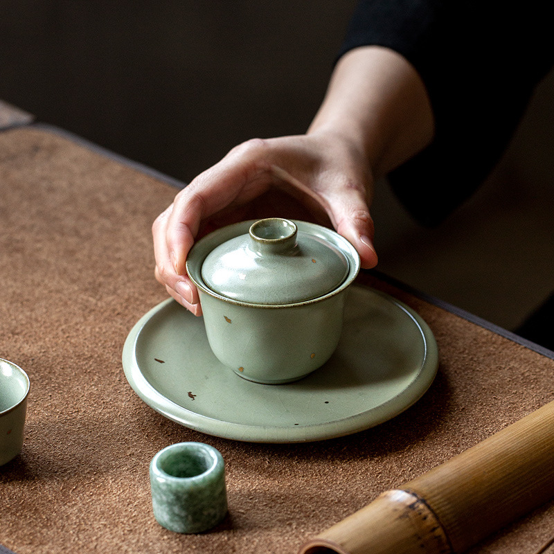 Gaiwan ceramic cu glazură aurie, porțelan Ru, stil retro Gongfu ceai, Sancai