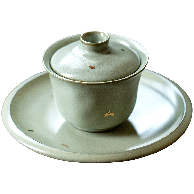 Gaiwan ceramic cu glazură aurie, porțelan Ru, stil retro Gongfu ceai, Sancai