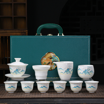Set de ceai gaiwan din porțelan alb, cu design ink wash, ceremonie Kung Fu, în cutie cadou