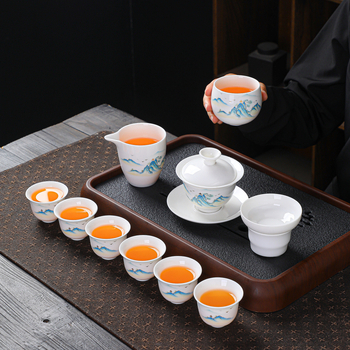 Set de ceai gaiwan din porțelan alb, cu design ink wash, ceremonie Kung Fu, în cutie cadou