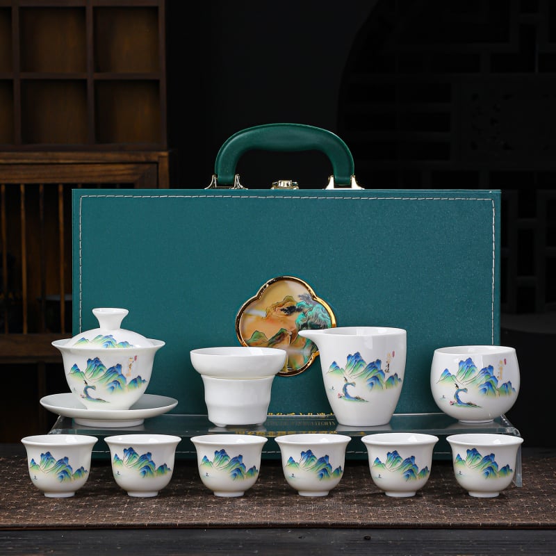 Set de ceai gaiwan din porțelan alb, cu design ink wash, ceremonie Kung Fu, în cutie cadou
