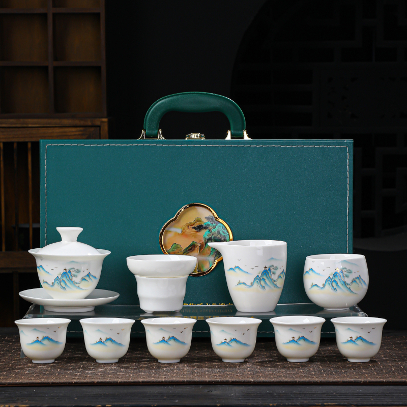 Set de ceai gaiwan din porțelan alb, cu design ink wash, ceremonie Kung Fu, în cutie cadou