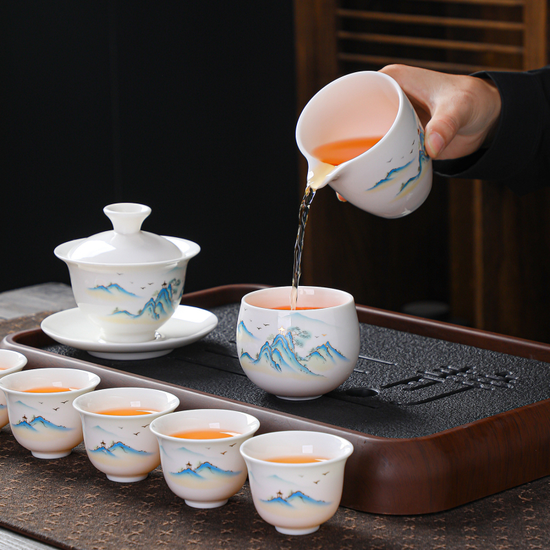 Set de ceai gaiwan din porțelan alb, cu design ink wash, ceremonie Kung Fu, în cutie cadou