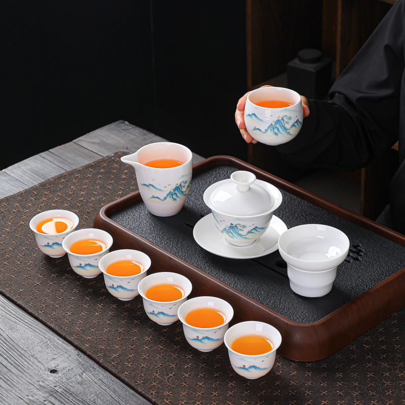 Set de ceai gaiwan din porțelan alb, cu design ink wash, ceremonie Kung Fu, în cutie cadou