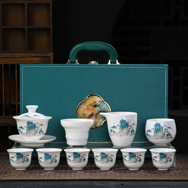 Set de ceai gaiwan din porțelan alb, cu design ink wash, ceremonie Kung Fu, în cutie cadou