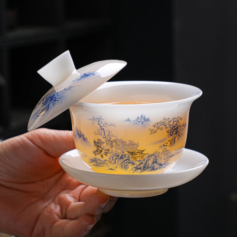 Gaiwan din jad de tip înghețat, porțelan alb Dehua cu decal, set ceai Gong Fu