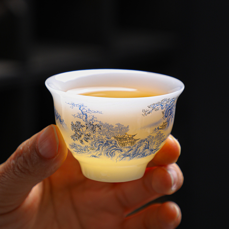 Gaiwan din jad de tip înghețat, porțelan alb Dehua cu decal, set ceai Gong Fu
