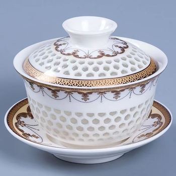 Set ceramic Gong Fu pentru ceai, cu design decupat bleu-alb și linii aurii, set complet de veselă pentru 3 persoane
