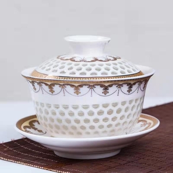 Set ceramic Gong Fu pentru ceai, cu design decupat bleu-alb și linii aurii, set complet de veselă pentru 3 persoane