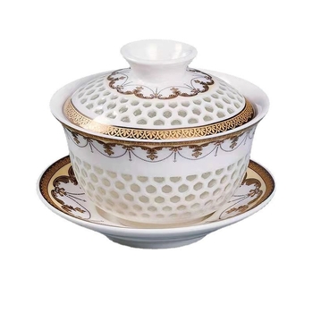 Set ceramic Gong Fu pentru ceai, cu design decupat bleu-alb și linii aurii, set complet de veselă pentru 3 persoane