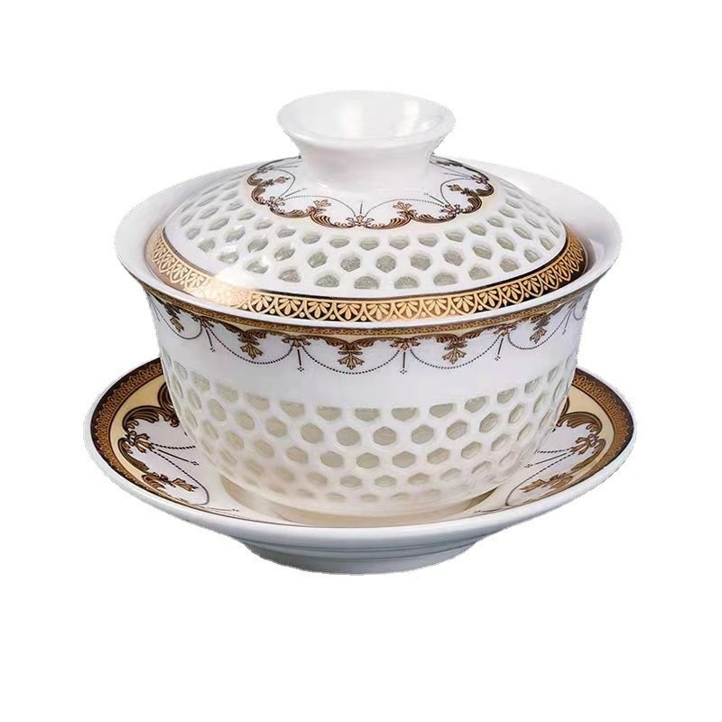 Set ceramic Gong Fu pentru ceai, cu design decupat bleu-alb și linii aurii, set complet de veselă pentru 3 persoane