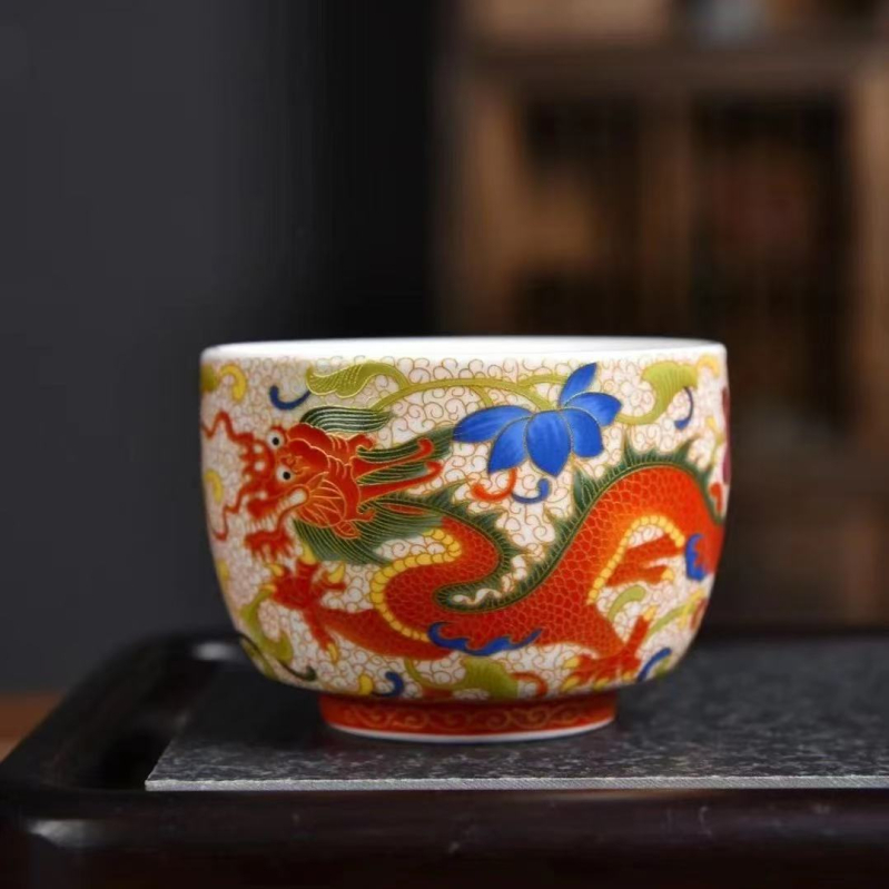 Set ceai Dragon și Phoenix, porțelan Ru kiln, cești elegante, cadou de nuntă