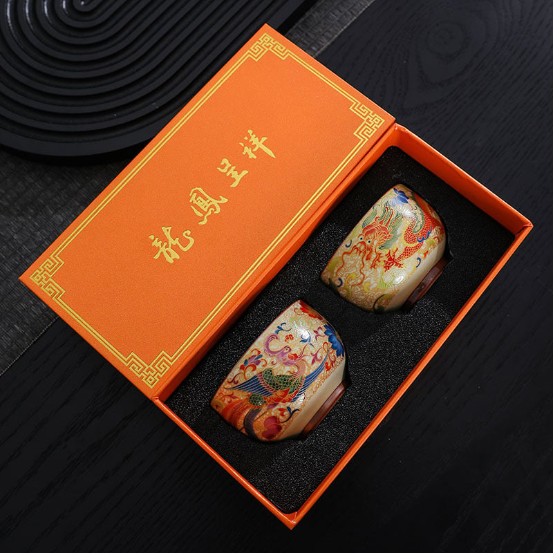 Set ceai Dragon și Phoenix, porțelan Ru kiln, cești elegante, cadou de nuntă