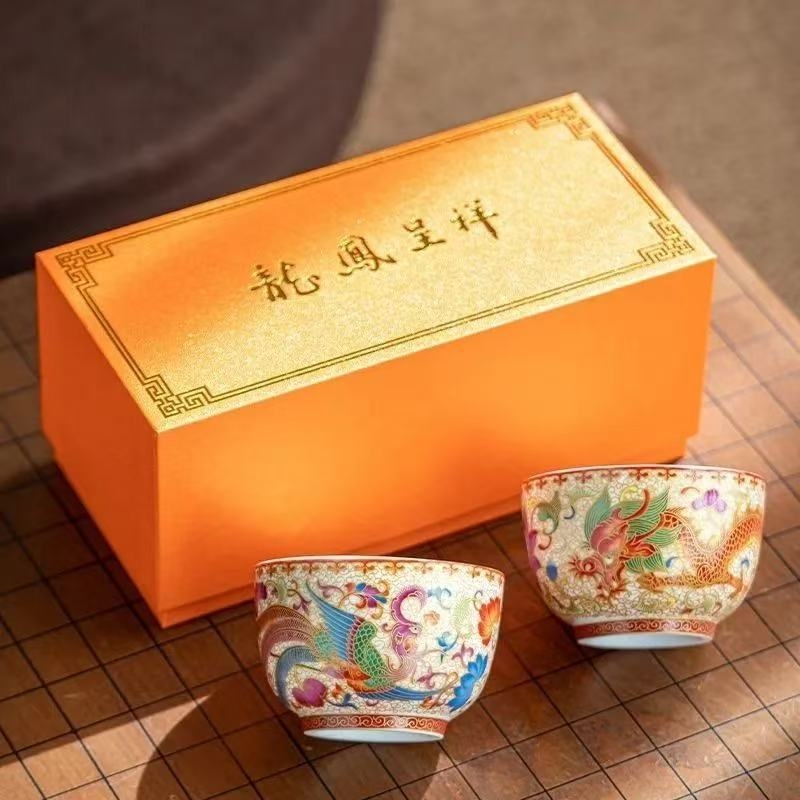 Set ceai Dragon și Phoenix, porțelan Ru kiln, cești elegante, cadou de nuntă