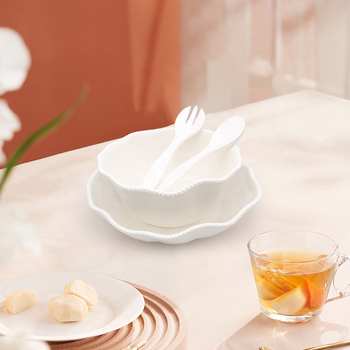 Set de tacâmuri din melamină: cuțit și furculiță, furculițe și linguri pentru desert și salată, boluri din porțelan imitatie, alb, cu decor din mărgele