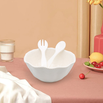 Set de tacâmuri din melamină: cuțit și furculiță, furculițe și linguri pentru desert și salată, boluri din porțelan imitatie, alb, cu decor din mărgele