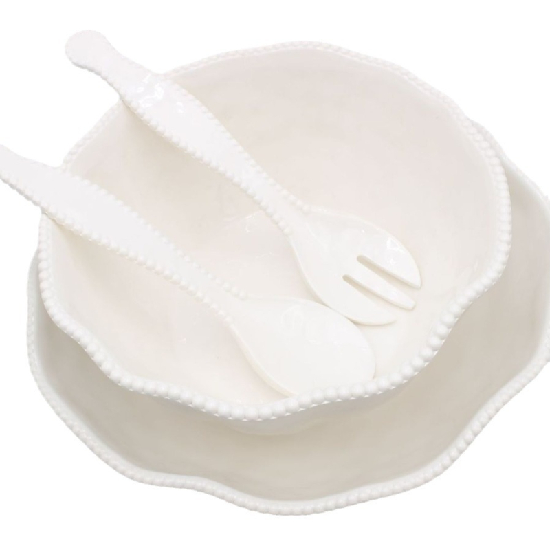 Set de tacâmuri din melamină: cuțit și furculiță, furculițe și linguri pentru desert și salată, boluri din porțelan imitatie, alb, cu decor din mărgele