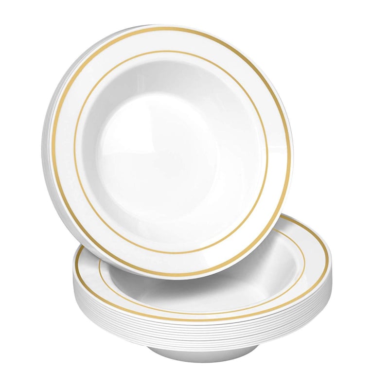 Boluri de unică folosință de 5 inch, cu margine aurie – pentru desert, înghețată, supă și orez, din plastic dur, set de 8 buc.