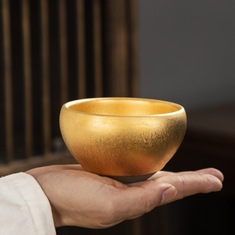 Ceșcuță de ceai Jianzhan cu glazură aur 24K și picături de ulei, ceramică artizanală Jianyang cu corp din fier, în cutie cadou