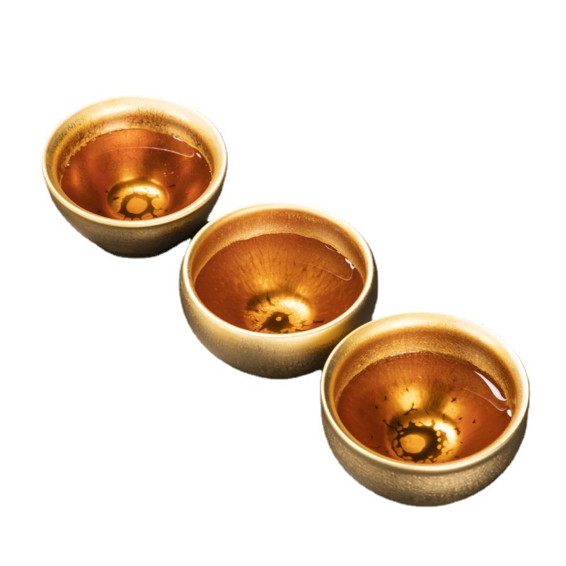 Ceșcuță de ceai Jianzhan cu glazură aur 24K și picături de ulei, ceramică artizanală Jianyang cu corp din fier, în cutie cadou