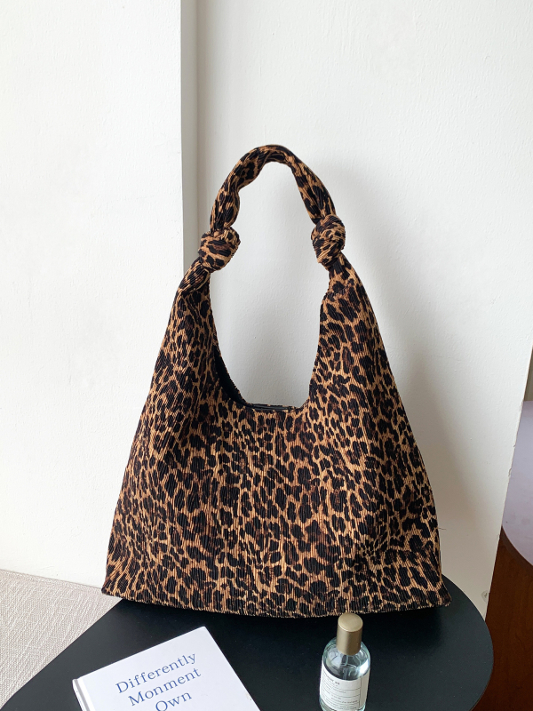 Ženska torba s leopard printom i corduroy materijalom, velika kapaciteta, korejski stil, zima 2025