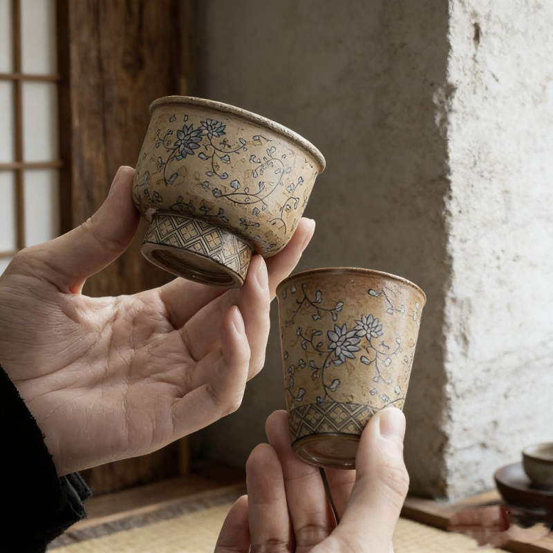 Ceșcă de ceai din ceramică veche cu lotus încolăcit – pentru uz personal, ceai Kung Fu din porțelan retro, o singură ceașcă