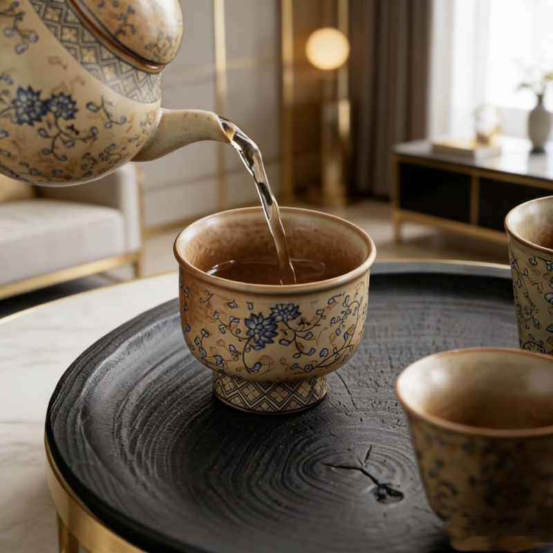 Ceșcă de ceai din ceramică veche cu lotus încolăcit – pentru uz personal, ceai Kung Fu din porțelan retro, o singură ceașcă