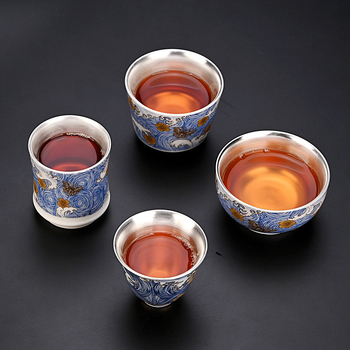 Ceșcuță de ceai emailată în nuanțe argintii, argint 999, ceramică, design Zen, stil simplu – set Gongfu de ceai