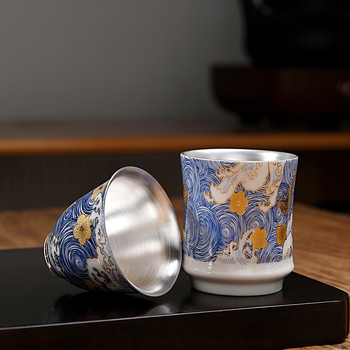 Ceșcuță de ceai emailată în nuanțe argintii, argint 999, ceramică, design Zen, stil simplu – set Gongfu de ceai