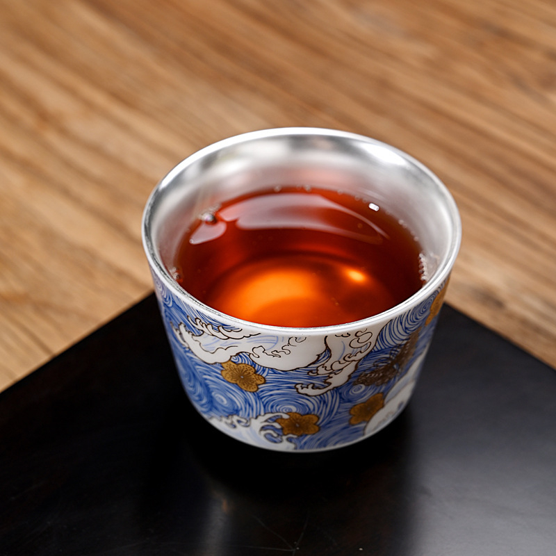 Ceșcuță de ceai emailată în nuanțe argintii, argint 999, ceramică, design Zen, stil simplu – set Gongfu de ceai