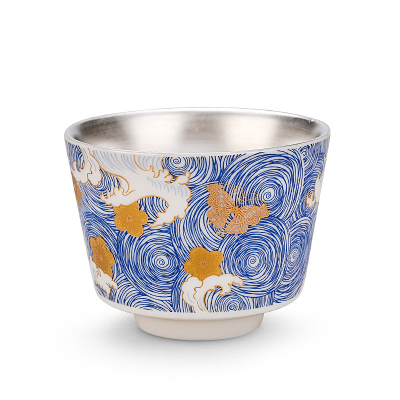Ceșcuță de ceai emailată în nuanțe argintii, argint 999, ceramică, design Zen, stil simplu – set Gongfu de ceai