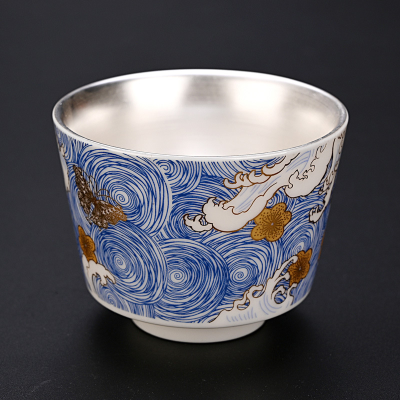 Ceșcuță de ceai emailată în nuanțe argintii, argint 999, ceramică, design Zen, stil simplu – set Gongfu de ceai