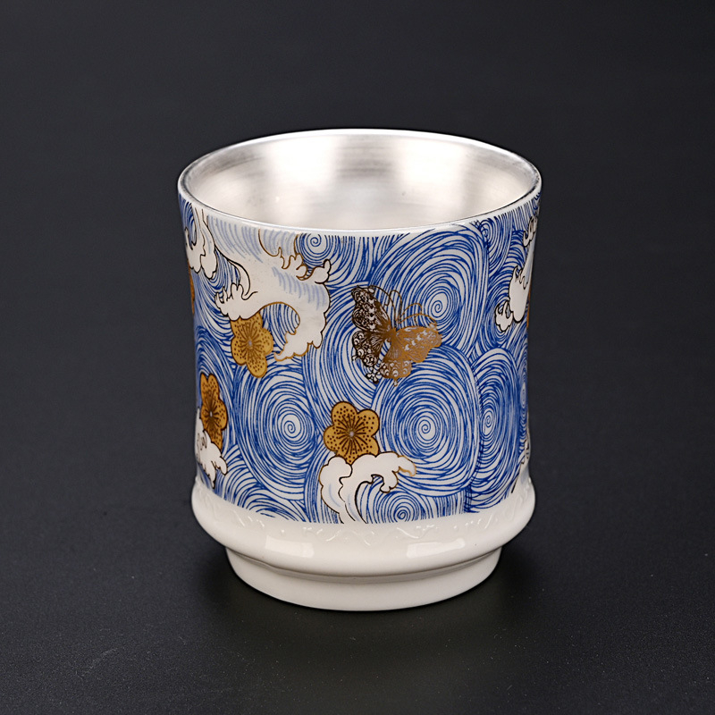 Ceșcuță de ceai emailată în nuanțe argintii, argint 999, ceramică, design Zen, stil simplu – set Gongfu de ceai