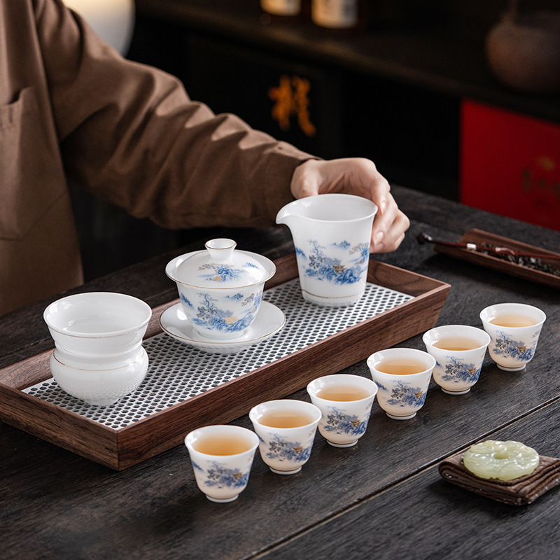 Set ceai Kung Fu din porțelan Ice Jade, cu oală cu capac și ceașcă – set ceramic într-o cutie cadou pentru casă și birou
