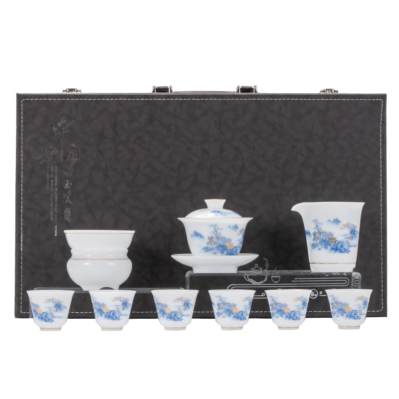 Set ceai Kung Fu din porțelan Ice Jade, cu oală cu capac și ceașcă – set ceramic într-o cutie cadou pentru casă și birou