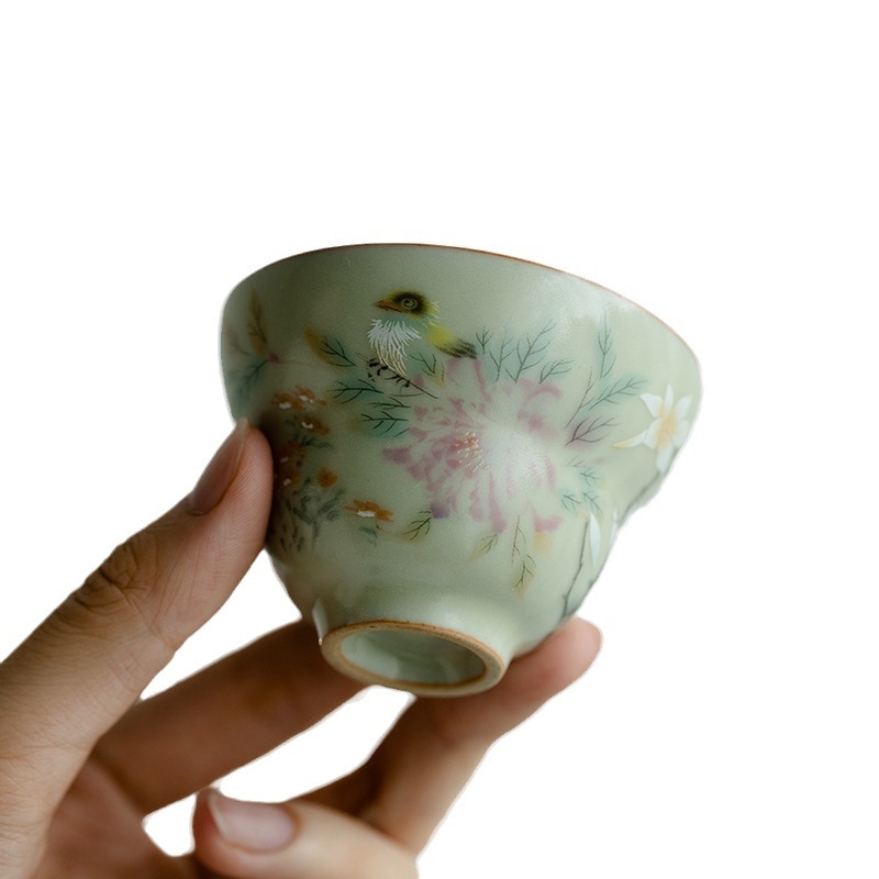 Ceașcă de ceai din porțelan cu motiv floral și păsări, stil retro elegant, potrivit pentru uz casnic sau birou