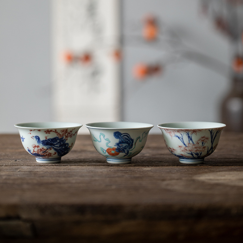 Juyi Tang Doucai albastru‑în‑alb, cu leu și hortensie, ceașcă mare de ceai, set ceramic personal